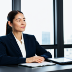 A confident, diverse professional woman, fully clothed in a modest business suit, sitting comfortably at a modern desk. A subtle, upward-trending financial graph is displayed on a tablet screen in front of her. She has a serene, composed expression, looking thoughtfully into the distance, embodying peace of mind and long-term financial vision. The environment is a bright, minimalist office space with natural light and a few green plants. Professional studio photography, high-resolution, clear focus, soft lighting, perfect anatomy, correct proportions, natural pose, well-formed hands, proper finger count, safe for work, appropriate content, fully clothed, professional dress.