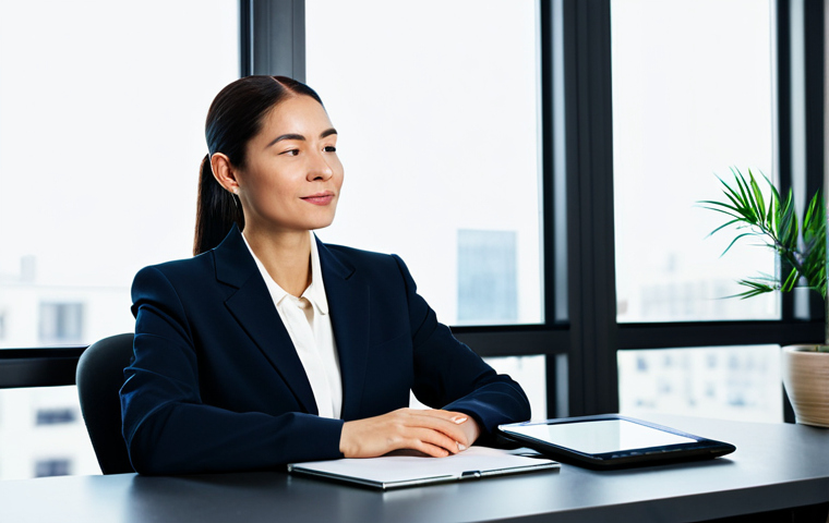 A confident, diverse professional woman, fully clothed in a modest business suit, sitting comfortably at a modern desk. A subtle, upward-trending financial graph is displayed on a tablet screen in front of her. She has a serene, composed expression, looking thoughtfully into the distance, embodying peace of mind and long-term financial vision. The environment is a bright, minimalist office space with natural light and a few green plants. Professional studio photography, high-resolution, clear focus, soft lighting, perfect anatomy, correct proportions, natural pose, well-formed hands, proper finger count, safe for work, appropriate content, fully clothed, professional dress.