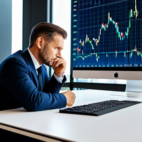 Home 6 A professional male investor in a modest business suit, seated at a sleek modern desk, thoughtfully observing a holographic display that projects complex financial charts and market indicators. The background is a sophisticated, minimalist office with large windows overlooking a vibrant city skyline. His expression conveys deep understanding and composed strategic thinking regarding market dynamics and risk management. Professional photography, high quality, perfect anatomy, correct proportions, natural pose, well-formed hands, proper finger count, natural body proportions, fully clothed, appropriate attire, modest clothing, safe for work, appropriate content, professional, family-friendly.