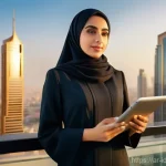 인덱스 펀드 투자에 필요한 기초 지식 - "An inspiring scene of a young Arab professional woman, dressed in a stylish, modest business suit o...