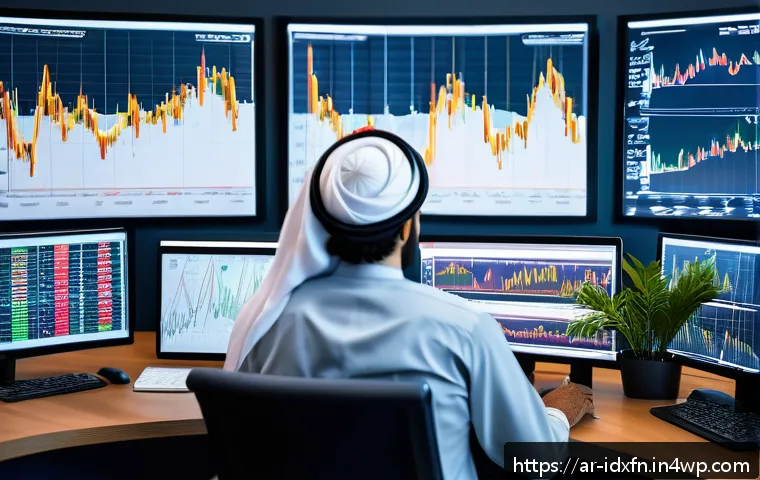인덱스 펀드의 위험 분석 보고서 - A sophisticated Middle Eastern investor in traditional attire seated at a modern desk with multiple ...