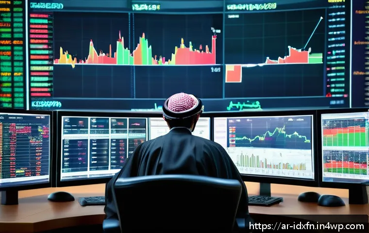 장기 투자에 적합한 인덱스 펀드 - A detailed professional office scene featuring an Arab male investor in traditional attire (thobe an...