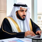 Home 21 인덱스 펀드로 퇴직연금 관리하기 - A professional Middle Eastern man in traditional Saudi attire sitting comfortably at a modern home o...