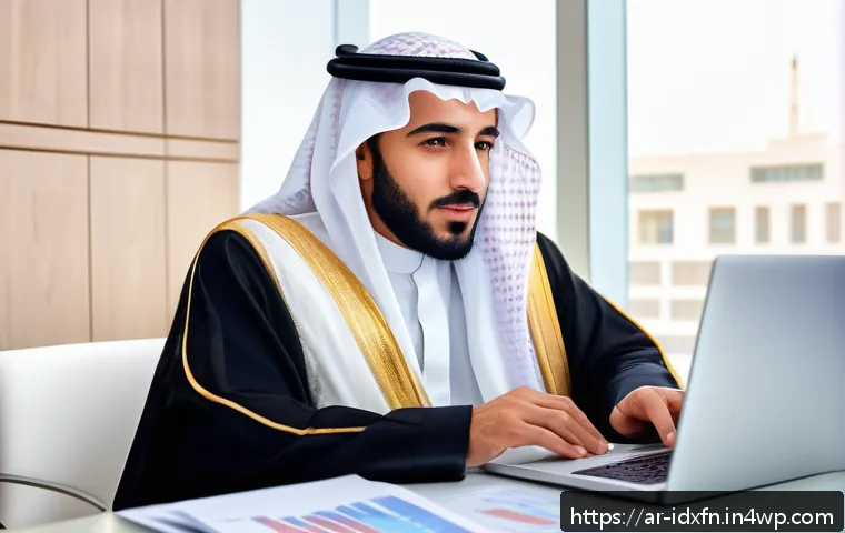 인덱스 펀드로 퇴직연금 관리하기 - A professional Middle Eastern man in traditional Saudi attire sitting comfortably at a modern home o...