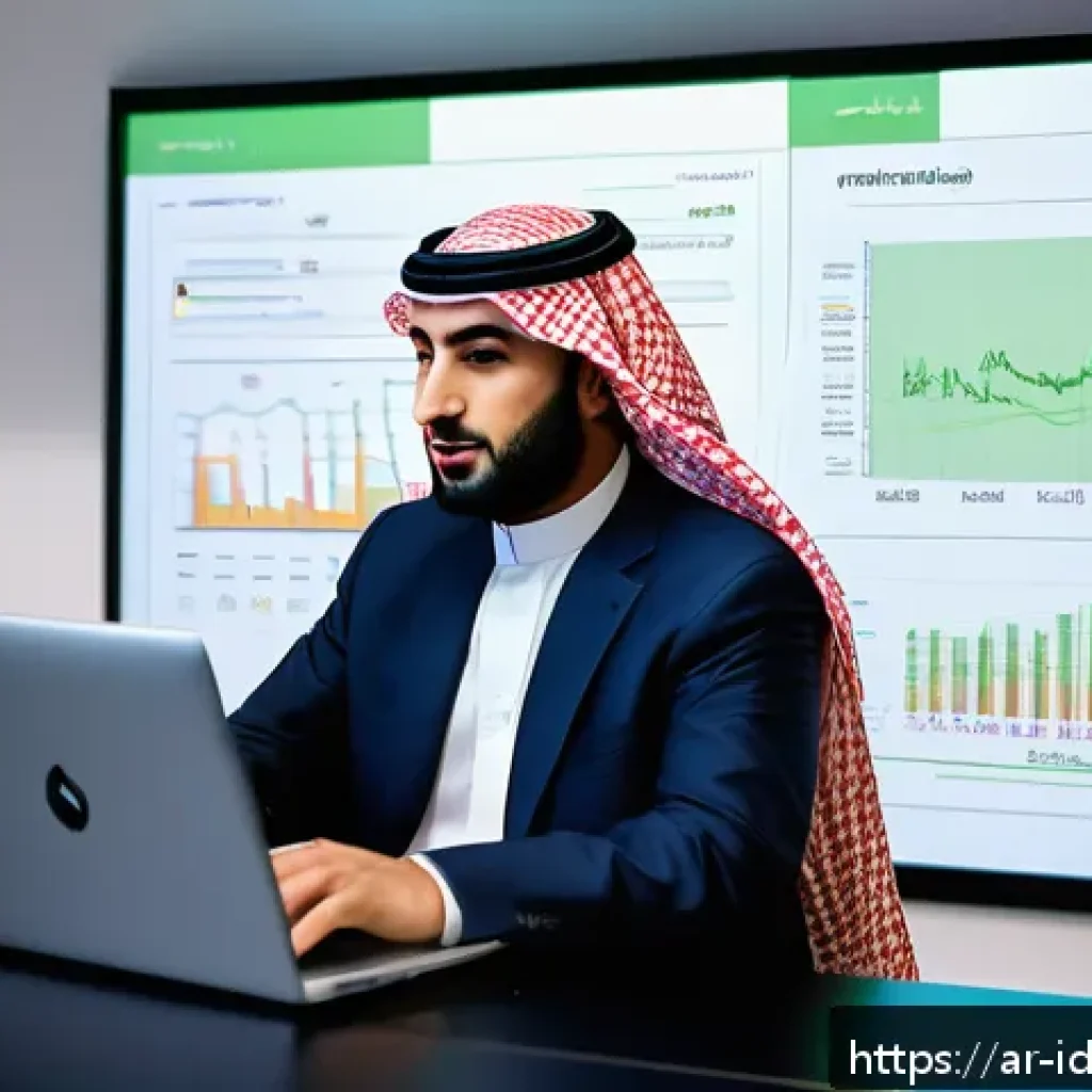 인덱스 펀드에 대한 투자 교육 - A modern Arabic financial office setting with an Arab man in traditional attire (thobe and keffiyeh)...