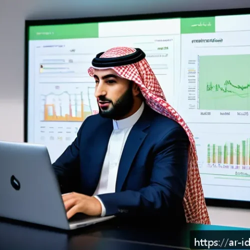 Home 17 인덱스 펀드에 대한 투자 교육 - A modern Arabic financial office setting with an Arab man in traditional attire (thobe and keffiyeh)...
