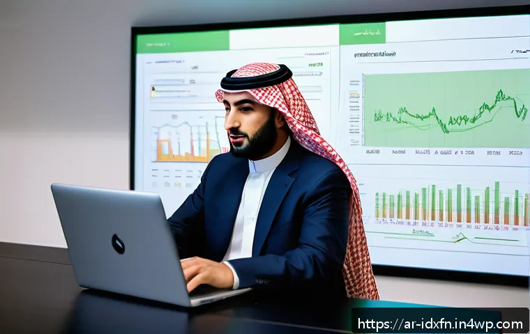 인덱스 펀드에 대한 투자 교육 - A modern Arabic financial office setting with an Arab man in traditional attire (thobe and keffiyeh)...