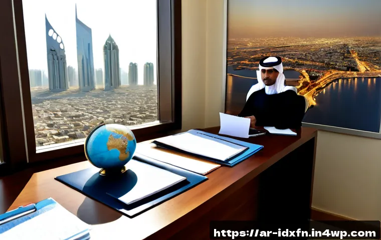 국내 인덱스 펀드와 해외 인덱스 펀드 비교 - Photorealistic financial comparison scene in a bright modern Middle Eastern home office, Arab invest...